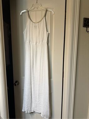Women's White Maxi Dress with Embellished Scoop Neck